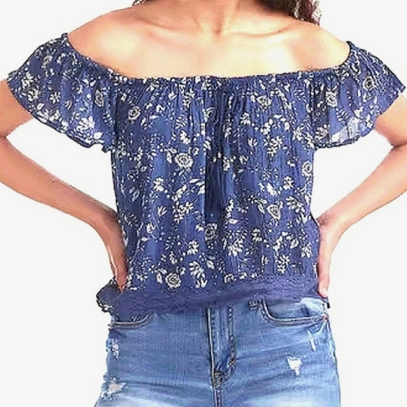 Aeropostale Blue Boho Floral Lace Top M Off-The-Shoulder Ruffled Tassel Ties - Picture 1 of 3